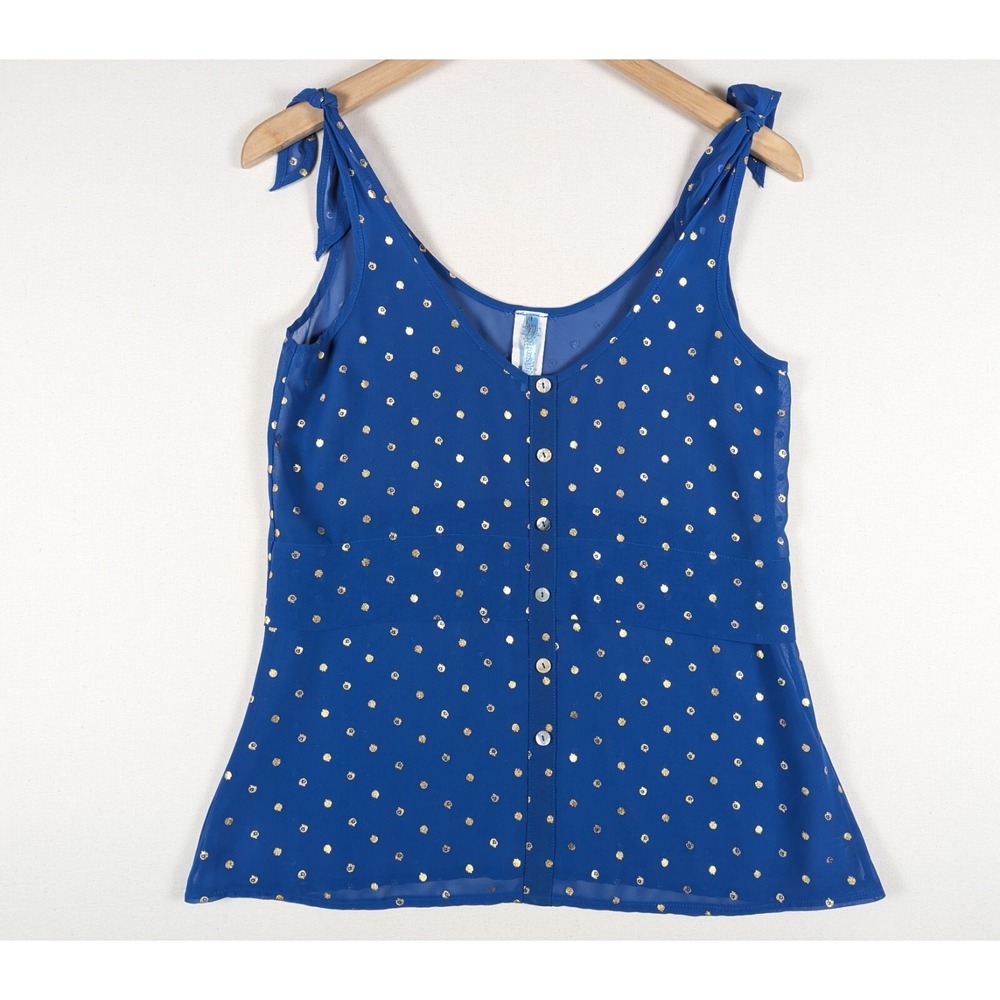 Moonlight Boutique Tank Women Small Blue Gold Apples Sheer Tie-Strap Cute Top